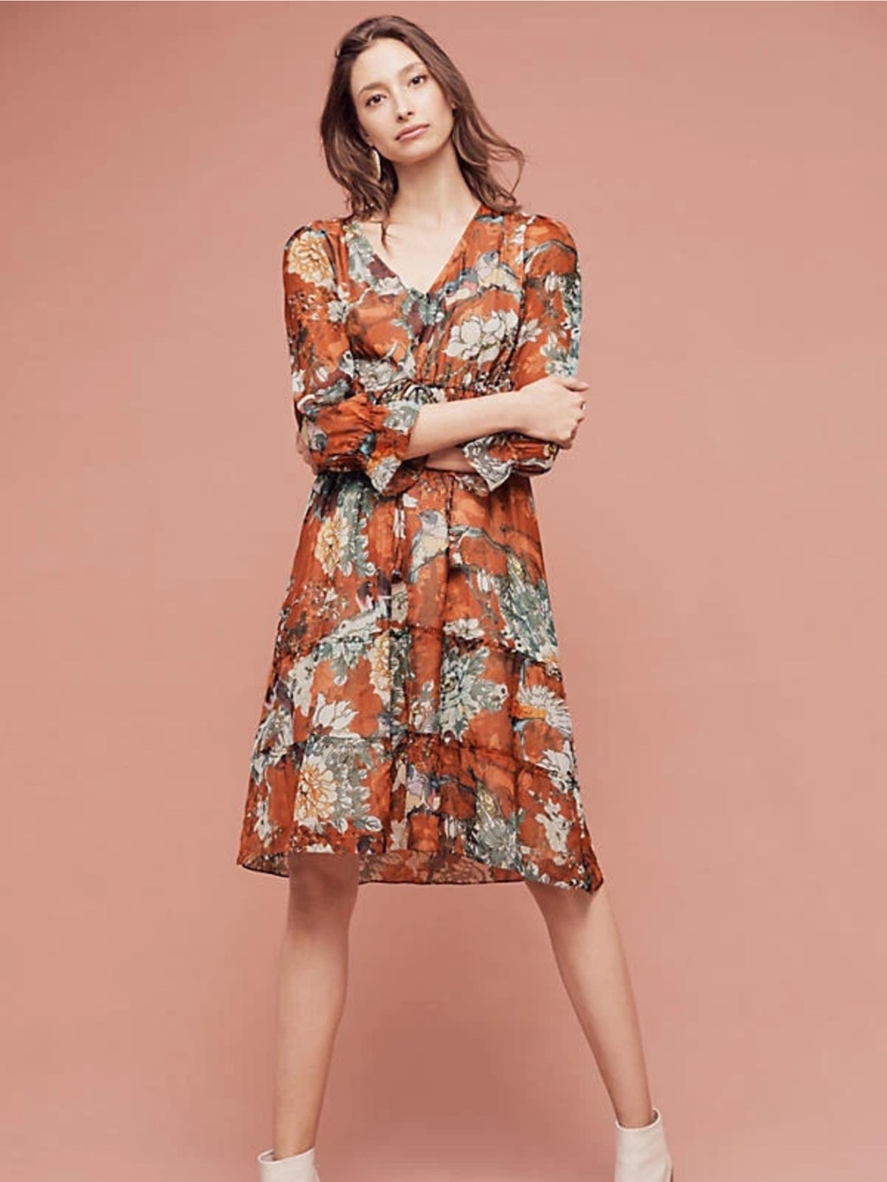 Hemant & Nandita Anthropologie orange floral midi dress
